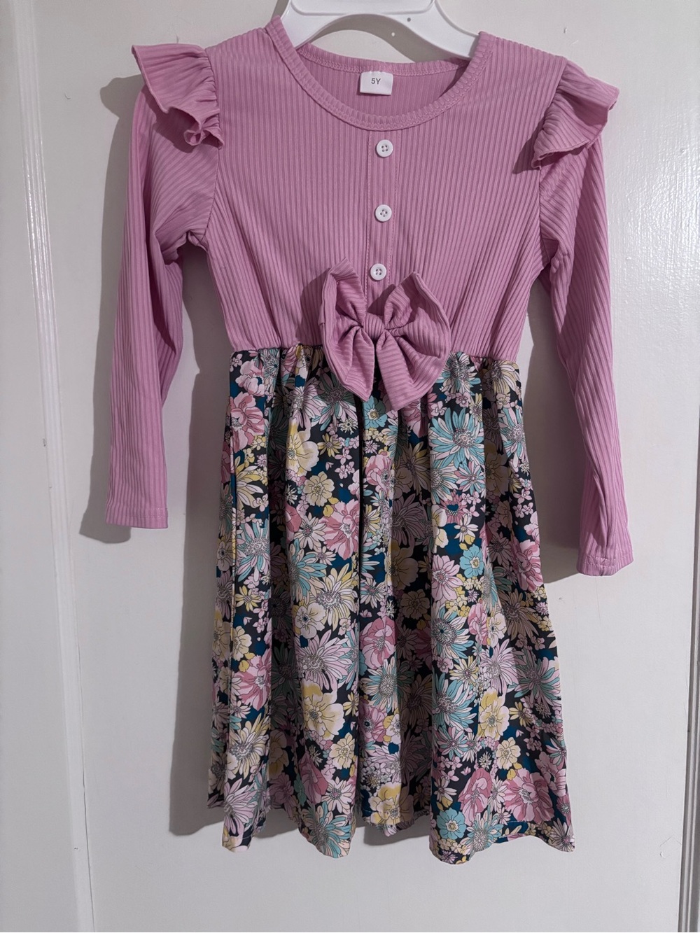 Girls' Pink Floral Bow-Front Long Sleeve Dress